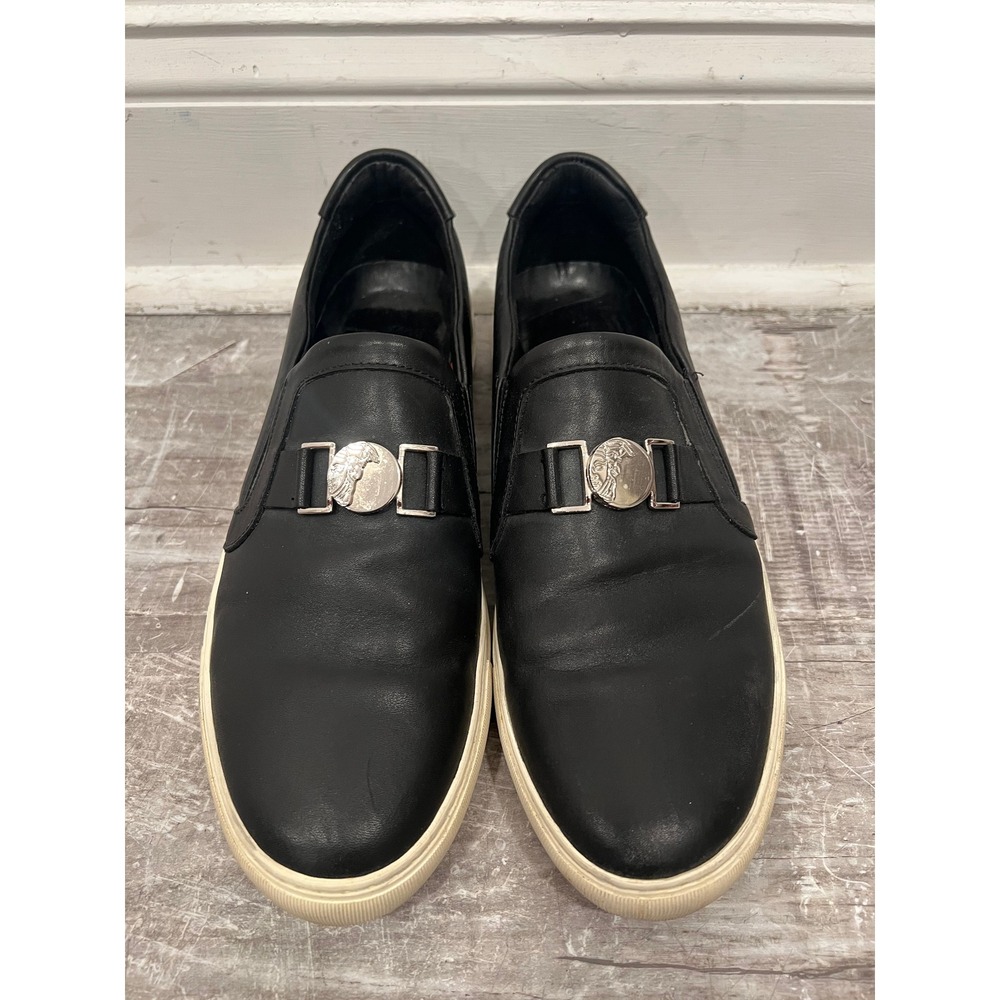 Versace Collection Medallion Black Leather Slip On Sneakers Men's 42
